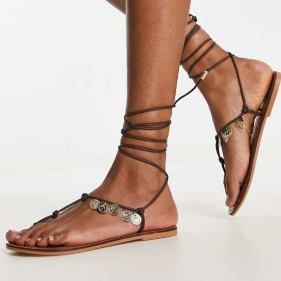 NEW ASOS DESIGN Fernando leather gladiator tie up sandals in brown 725 size 8 - Picture 1 of 4